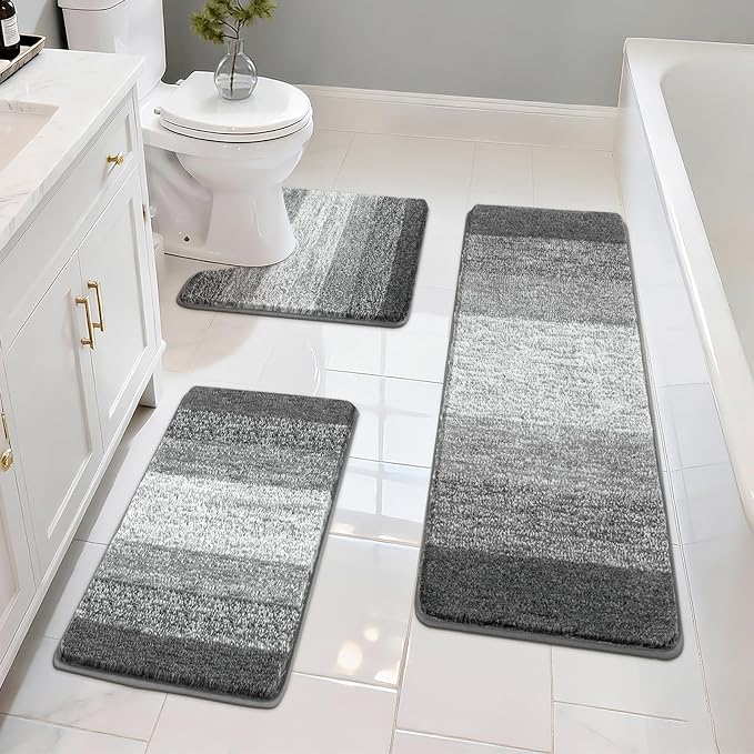 Pauwer 3 Piece Bathroom Rug Set, Microfiber Non Slip Bath Mats, Grey | Machine Washable, Quick Dry, Ultra Absorbent Floor Carpet, Plush Shower Rugs, U-Shaped Contour Toilet Mat