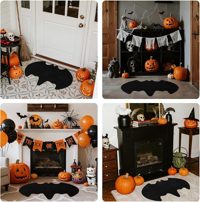 TYUU Bat Bath Mat, Super Absorbant Gothic Bathroom Rugs Non Slip Washable Bat Shaped Floor Mat Holiday Decor, 24''x36'', Black