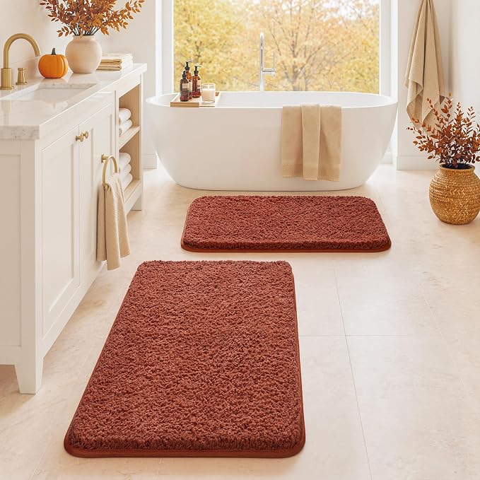 MIULEE Fall Rust Bathroom Rugs Set 2 Piece Small Soft Bath Mats 16x24 Inch | Soft Absorbent Microfiber Bath Rugs, Non Slip, Quick Dry, Fluffy Bath Rugs for Bathroom Floor Tub Showers, Machine Washable
