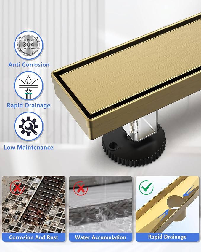 YEFU Gold Linear Shower Drain for Bathroom: 18 Inch Shower Drain with Tile Insert Grate - 304 Stainless Steel Rectangle Linear Drain - 2-in-1 Brushed Gold Shower Floor Drain