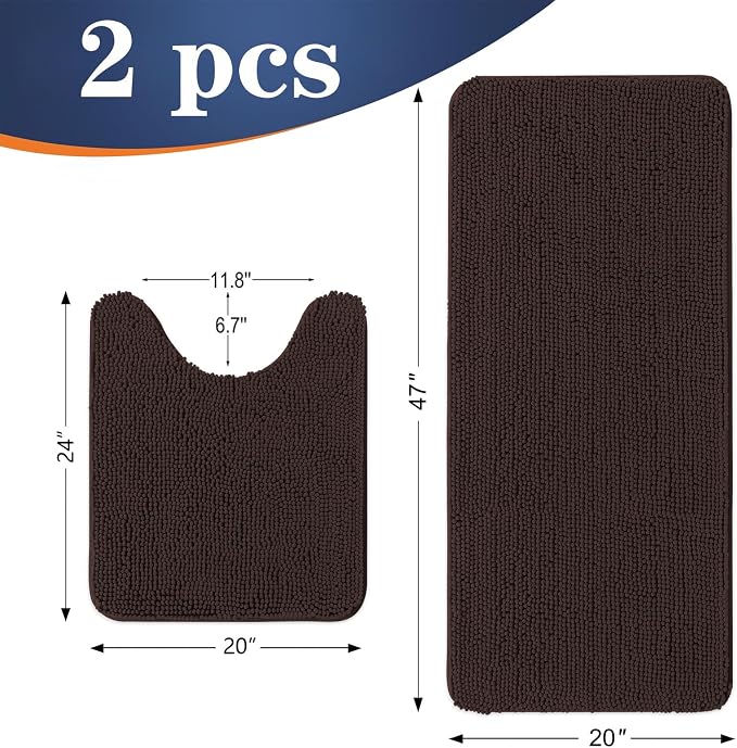 OLANLY Chenille Bathroom Rugs Mats Sets 2 Piece, 47"x20"+24"x20", Brown | Soft Absorbent Bath Mat and U-Shaped Contour Toilet Rug Set, Quick Dry, Machine Washable Bath Carpet, Home Decor Accessories