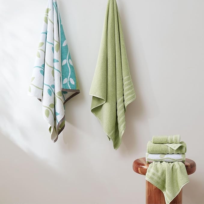 Modern Threads 6 Piece Bath Towel Set – Bathroom Set with 2 Bath Towels, 2 Hand Towels, and 2 Wash Cloths – 100% Cotton, Super Absorbent & Extra Soft – Reversible Natural Vine (Sage Green)