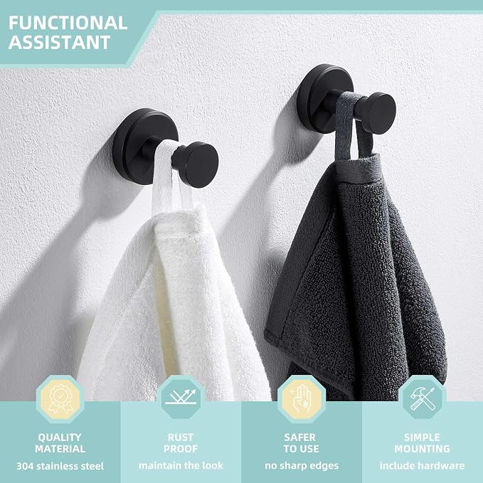 Angle Simple Towel Hooks for Bathroom, SUS304 Stainless Steel Coat Robe Hooks, Bathroom Hand Towel Hanger for Wall, Matte Black, 2 Pack