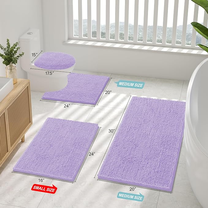 Smiry Chenille Bathroom Rugs Sets 2 Piece (30x20+24x16, Purple) | Soft Absorbent Machine Washable Non Slip Shaggy Bath Rug Set for Tub, Shower, and Floor, Home Decor