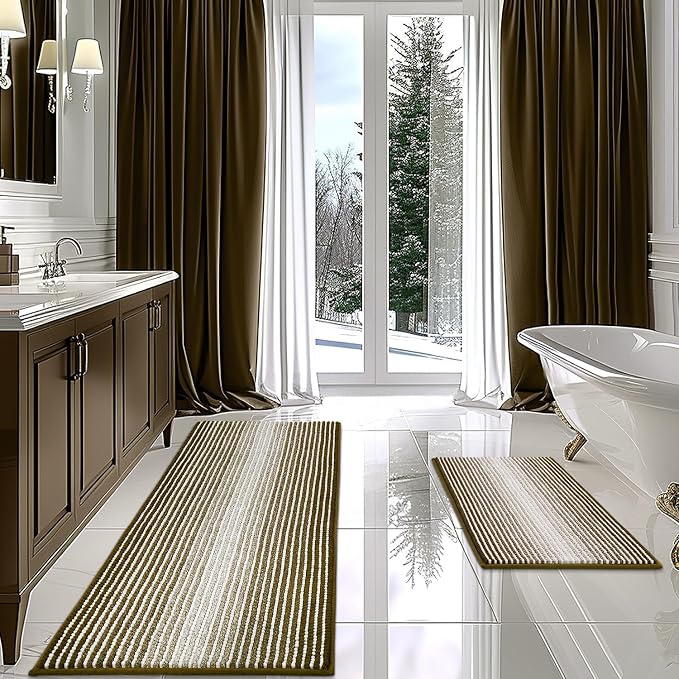 BSICPRO Bathroom Rugs Sets 2 Piece, Non Slip Striped Bath Mat, Coyote Brown | 20"x60" Plus 20"x32", Soft Absorbent Chenille, Quick Dry Machine Washable, Shower Rug for Bathroom Floor, Tub, Bedroom Decor