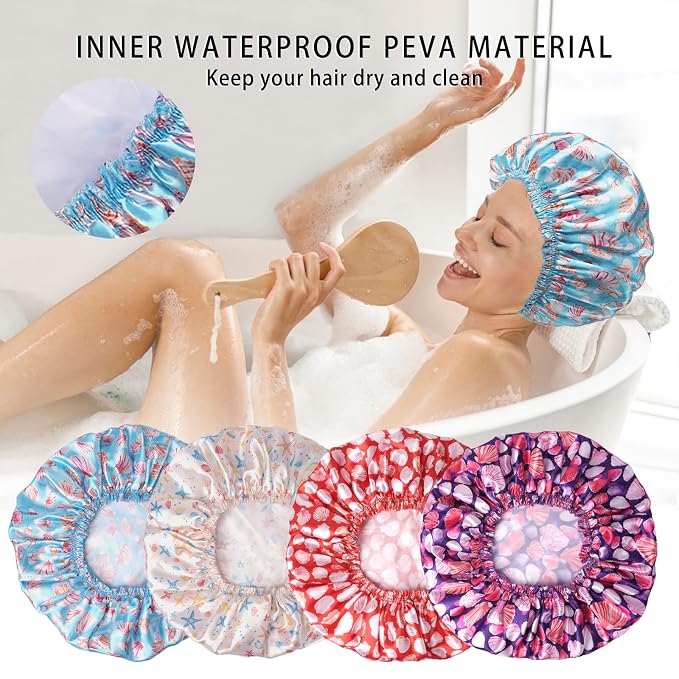 Shower Caps for Women, 4 PCS Reusable Waterproof Bath Cap | Double Layer, Washable, Wide Elastic Band, Holds Long Hair, Caps for Bath Accessories, Spa, Travel Home - Shell