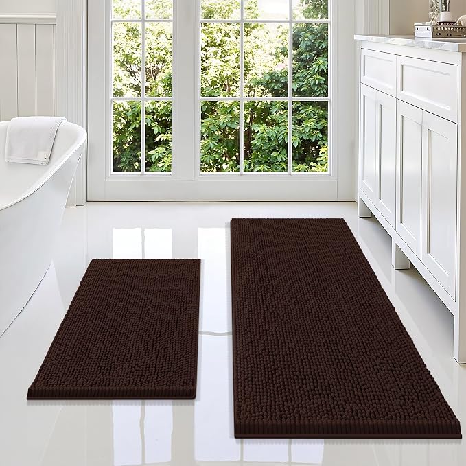 Smiry Chenille Bathroom Rugs Sets 2 Piece (47x17+24x16, Brown) | Soft Absorbent Machine Washable Non Slip Shaggy Bath Rug Set for Tub, Shower, and Floor, Home Decor
