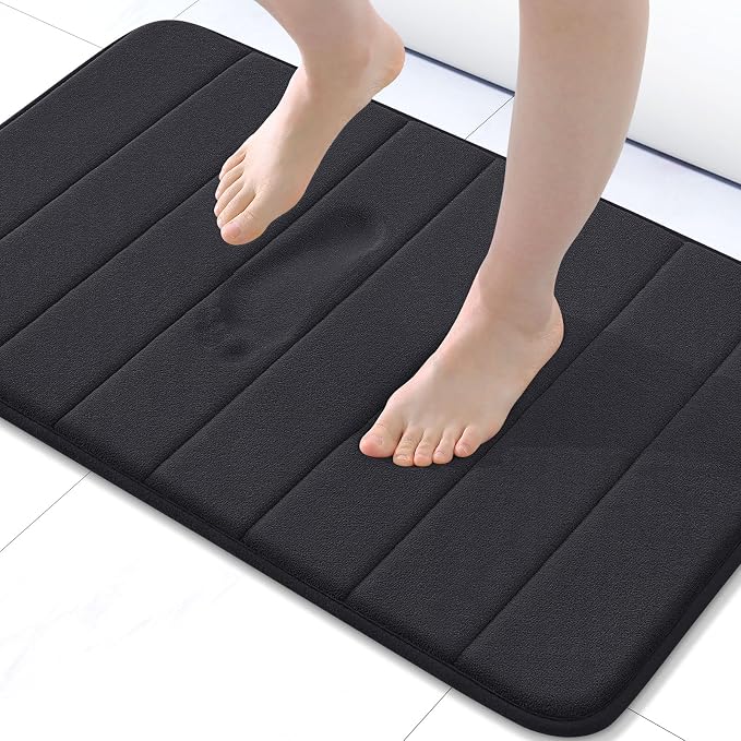 Buganda Memory Foam Bath Mat 24 x 16, Ultra Soft Absorbent Bathroom Rugs | Black, Machine Washable Quick Dry Bath Mats for Bathroom Floor, Shower and Tub, Home Decor Accessories
