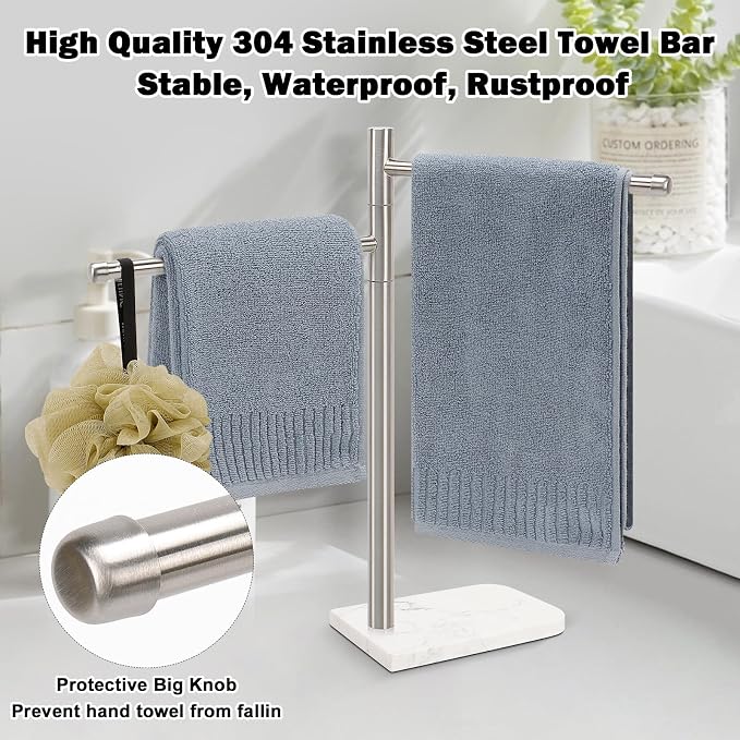 Standing Hand Towel Holder, Hand Towel Stand with Marble Base, 304 Stainless Steel Towel Rack with 2 Swivel Arm, Countertop Stand Towel Ring Towel Bar for Bathroom (Brushed Nickel)