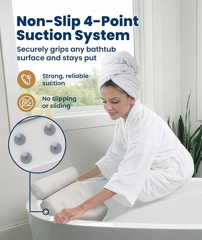 Everlasting Comfort Luxury Bath Pillow for Tub – Quick-Dry 4D Mesh – White | Head/Neck/Back Support, Non-Slip Suction Cups, Machine Washable, Drying Hook, Bath/Spa/Jacuzzi Essentials
