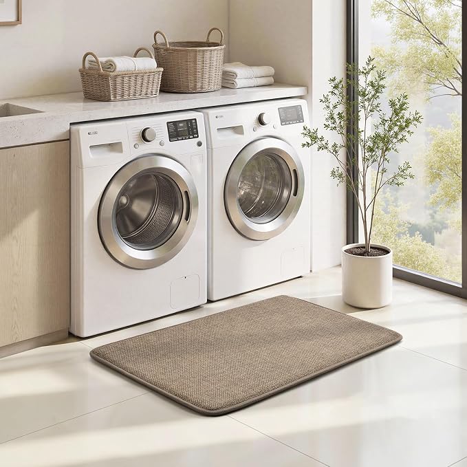 HOMEIDEAS Memory Foam Bathroom Rugs Set of 2, Beige 24"x17"+32"x20" | Ultra Absorbent Quick Dry Bath Mats with Non Slip PVC Backing, Machine Washable, Ideal for Bath Floor, Shower and Tub