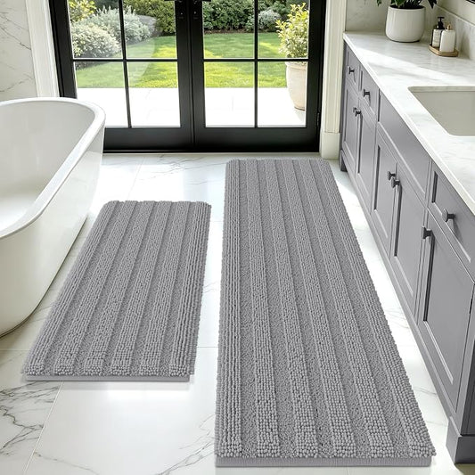 Striped Light Grey Bathroom Rug Mat Set 2 piece 32"x20"+60"x20" Ultra Soft, Non Slip Chenille Bath Rugs, Absorbent Plush Shaggy Bath Mats for Bathroom, Bedroom, Kitchen, Shower, Tub,Light Gray