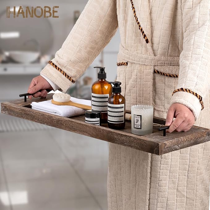 Hanobe Bathtub Tray Bath Caddy: Wood Bath Tub Trays Table Board - Rustic Bathtub Shelf Across Tub - Long Wooden Serving Tray with Handles for Bathroom, 31"