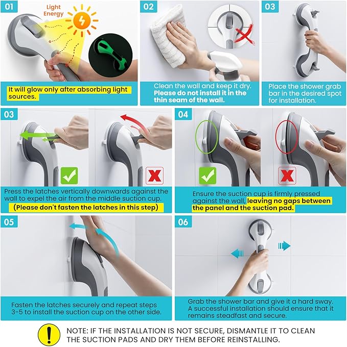 TAILI Shower Grab Bar Glow in The Dark, 12.2 in Grab Bars for Bathtubs and Showers, Bath Handles Bath Rails for Seniors and Elderly,Bathroom Safety Grip Removable No Drilling Waterproof Grey,G9