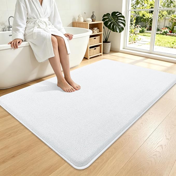 Smiry Memory Foam Bath Mat 59x35, Extra Soft Absorbent Bathroom Rugs | White Quick Dry, Machine Washable Bath Mats for Bathroom, Shower, Tub and Home Decor Accessories