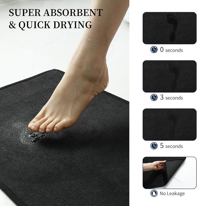Black Bathroom Rugs Sets 2 Piece, Quick Dry Thin Bath Mat, Non Slip Absorbent Machine Washable, Bath Rugs for Bathtub Sink Home Decor (17"x24" + 17"x32")