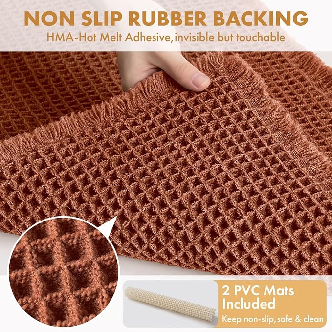MIULEE Fall Rust Set of 2 Waffle Bathroom Rugs Boho Bath Mat 17x24 Inch | Non Slip, Super Absorbent, Washable, Ultra Soft, Rubber Backed, Small Bath Rugs for Bathroom Floor Tub Shower