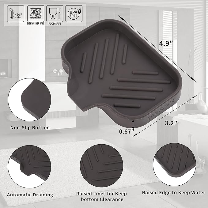 MicoYang Silicone Soap Dish with Drain Spout, Self-Draining Sink Organizer Tray for Bathroom and Kitchen, Sponges, Dispensers and Soap Holder, Non-Slip and Dishwasher Safe, Coffee (Compact, 4.9"×3.2")