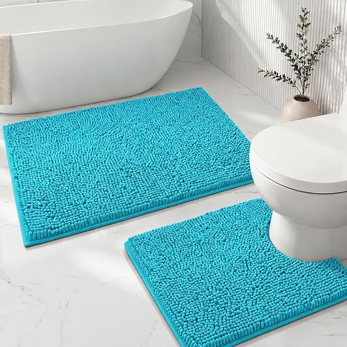 Bathroom Rugs Sets 2 Piece,Super Absorbent Soft,Thick,Machine Washable Chenille Bath Mat,Non Slip Toilet Floor Rug,Bath Mats for Bathroom,20x32 Plus 20x20 U Shape,Light Blue