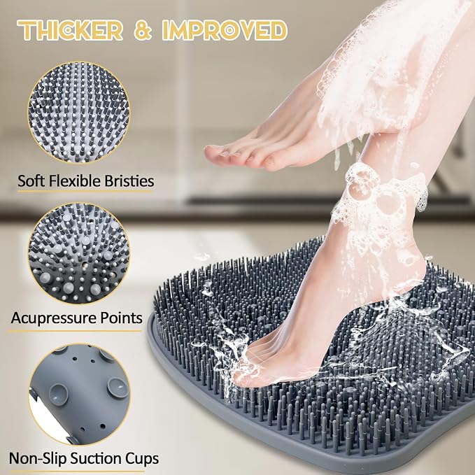 Luckyiren Extra Thicker & Larger Foot Scrubber Mat for Shower, Silicone Back Body Exfoliator Massager Cleaner Washer with Non Slip Suction Cup, Exfoliating Scrub Brush Pad for Women Men Elderly