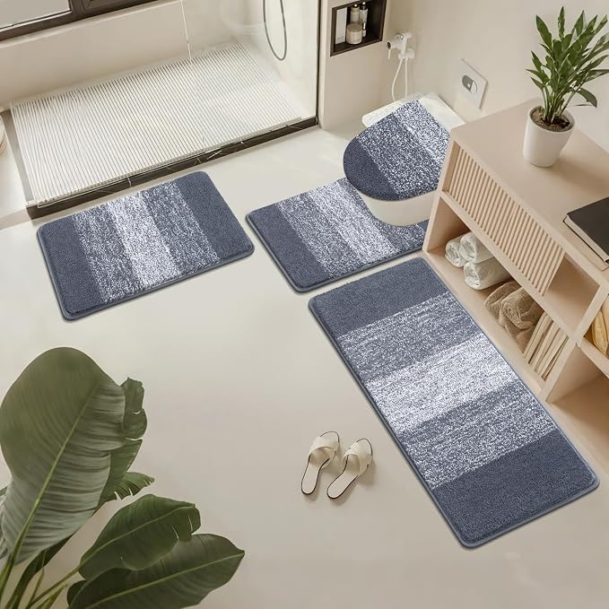 Bsmathom Bathroom Rug Set 4 Piece, Plush Microfiber Bath Mat, Dark Grey | Super Water Absorbent, Non Slip Machine Washable Bath Rug Sets with Toilet Lid Cover and U-shaped Contour Toilet Mat
