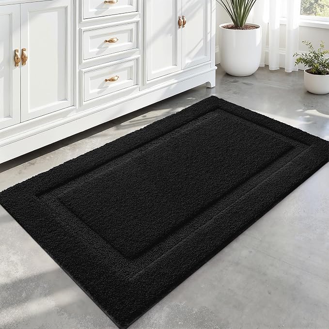 LUMI Large Bathroom Rugs Soft Absorbent, Non Slip Bath Mat 24x43, Black | Machine Washable with Rubber Backing, Quick Dry, Premium Microfiber Plush Carpet for Bathtub and Shower Floor