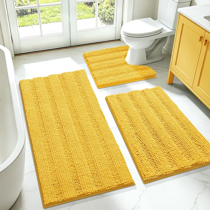 ACCUMTEK Striped Yellow Bathroom Rug Set 3 Pieces Ultra Soft, Non Slip Chenille Toilet Mat, Absorbent Plush Shaggy Bath Mats for Bathroom, Bedroom, Kitchen