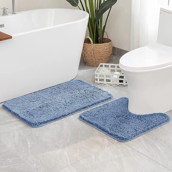 MIULEE Blue Bathroom Rugs Set 2 Piece Soft Bath Mats 20x24+20x30 Inch | Absorbent Microfiber Bath Mat and U-Shaped Toilet Rug, Non Slip, Quick Dry, for Bathroom Floor Tub Showers, Machine Washable