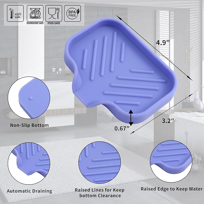 MicoYang Silicone Soap Dish with Drain Spout, Self-Draining Sink Organizer Tray for Bathroom & Kitchen, Sponges, Dispensers & Soap Holder, Non-Slip & Dishwasher Safe, Light Purple (Compact, 4.9"×3.2")