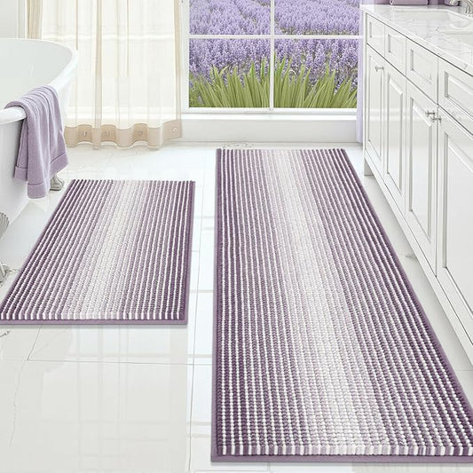 Bathroom Rugs Sets 2 Piece, Non Slip Bath Mats, Lavender Purple | 20"x60" Plus 20"x32", Soft Absorbent Striped Chenille, Quick Dry Machine Washable, Shower Rug for Bathroom Bedroom Décor