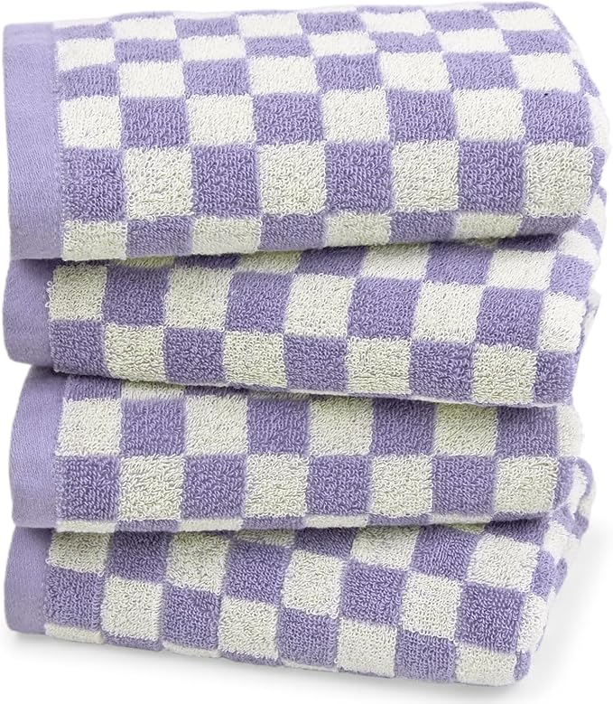 Hand Towel for Bathroom Guest Room - Cotton Face Towel Set Lilac Checkered | Extra Soft, Absorbent 4-Piece for Daily Use