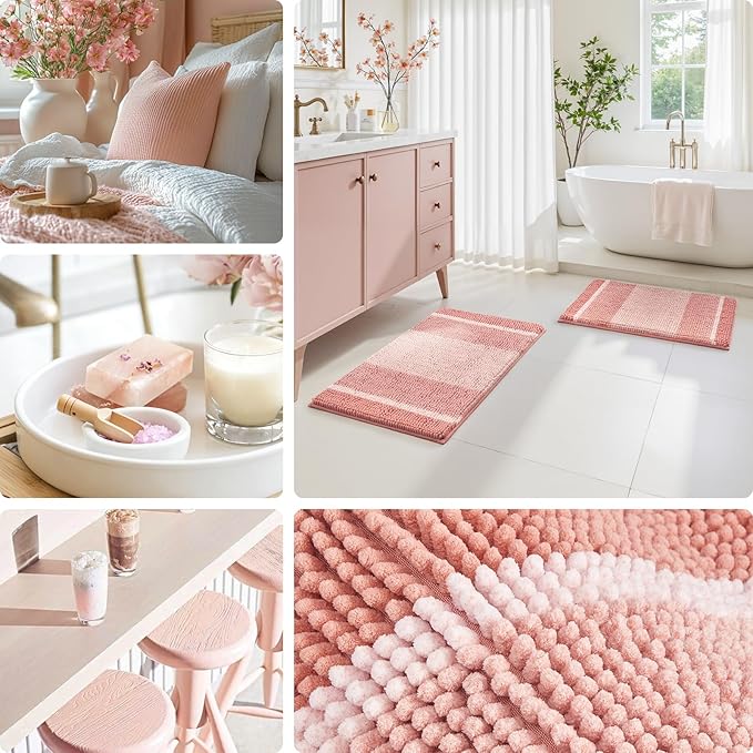 HOMEIDEAS Pink Bathroom Rugs Set of 2, Striped Chenille, 20"x32"+17"x24" | Non Slip Absorbent Bath Mats, Fluffy Striped Chenille Soft Shaggy Bath Rugs for Bathroom Floor and Tub, Machine Washable