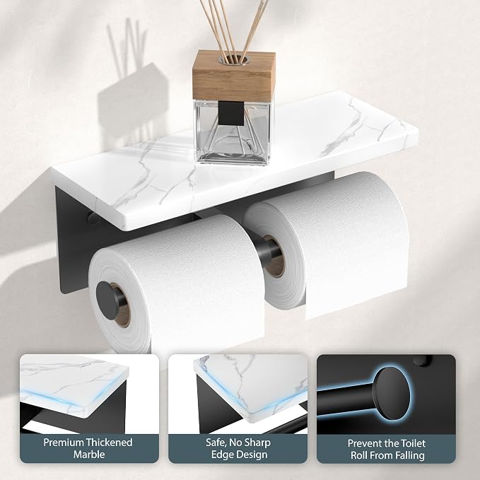 FORIOUS Toilet Paper Holder with Shelf, Marble Wall Mount Tissue Roll Holder for Bathroom, Washroom, 304 Stainless Steel Double Commercial Toilet Tissue Dispensers with Phone Shelf, Matte Black