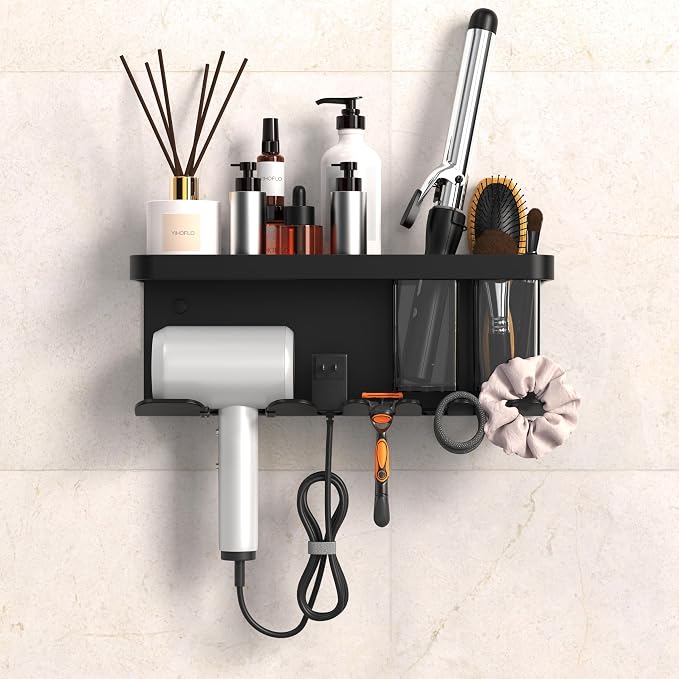 Hair Dryer Holder Wall Mounted Adhesive/Drilling, Hair Dryer Storage Organizer with Shelf & Hooks for Bathroom, Blow Dryer Holder, Hair Tool Organizer (Black)