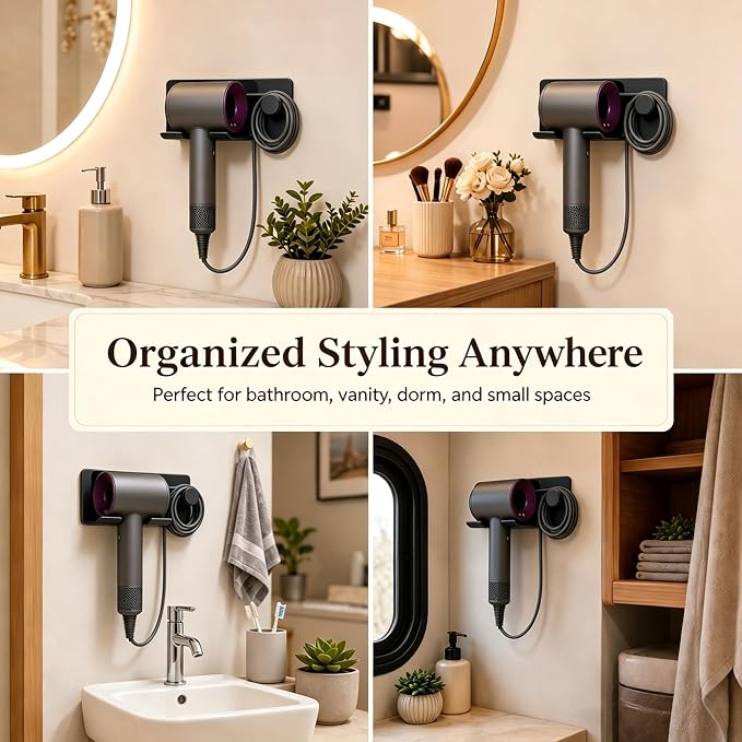 BVL Matte Black Hair Dryer Holder Wall Mount, Aluminum Blow Dryer Rack with Protective Contact Pad, Adhesive Pad & Screws Included, Renter Friendly Bathroom Organizer