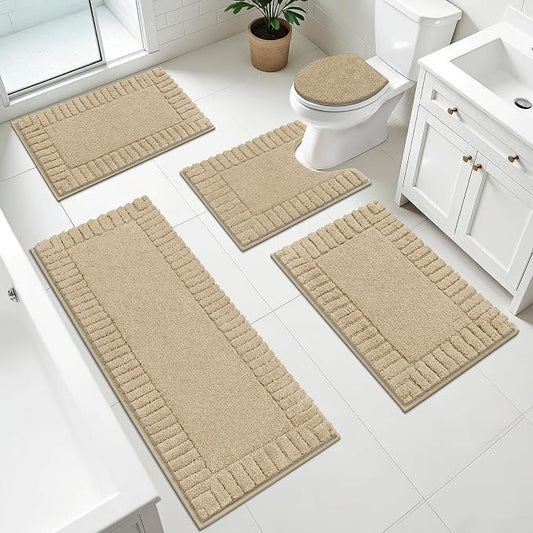 Pauwer Bathroom Rugs Set 5 Piece, Microfiber Bath Mat Set, Beige | Non Slip Washable Bath Mat with U Shaped Toilet Rug, Plush Absorbent Shower Rug, Toilet Lid Cover, Quick Dry Floor Carpet