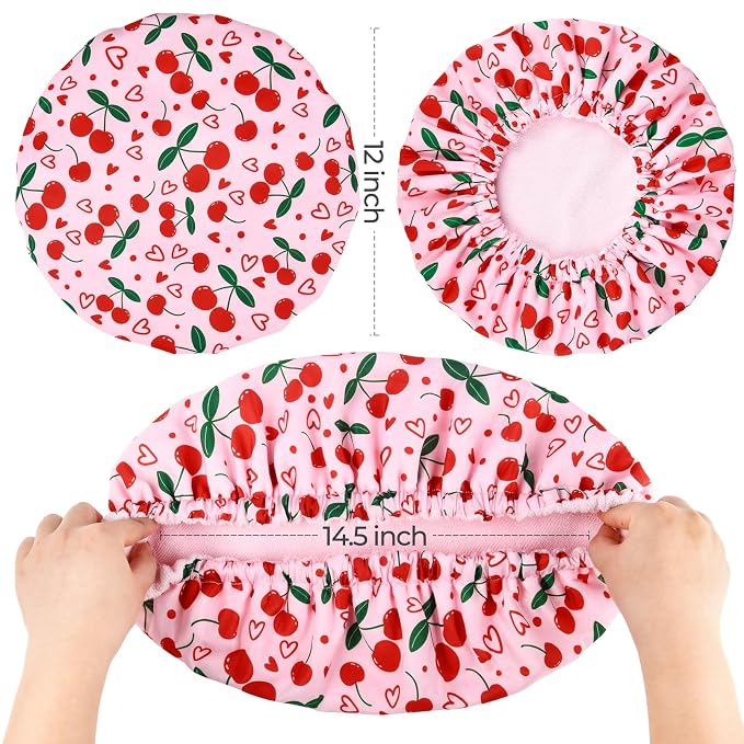 Shower Cap for Women Terry Lined Bath Cap Large Reusable Waterproof Elastic Band Pink Cherry Shower Caps for Long Thick Hair Soft Bath Shower Hair Caps