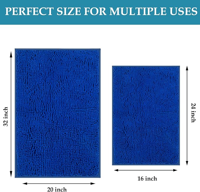 Bathroom Rugs Set 2 Piece Bath Mats Non Slip for Bathrooms, Thick Soft Chenille Rug Set, Bathtub Mats, Ultra Absorbent Bath Carpet, Shaggy Floor Mat, Royal Blue, 20"x32" & 16"x24"