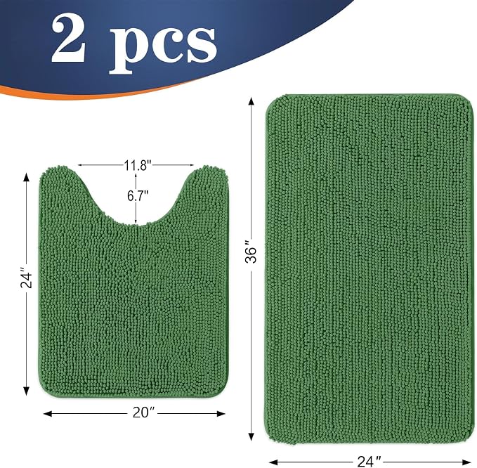 OLANLY Chenille Bathroom Rugs Sets 2 Piece, 36"x24"+24"x20", Olive Green | Soft Absorbent Bath Mat and U-Shaped Contour Toilet Rug Set, Quick Dry, Machine Washable Bath Carpet, Home Decor Accessories