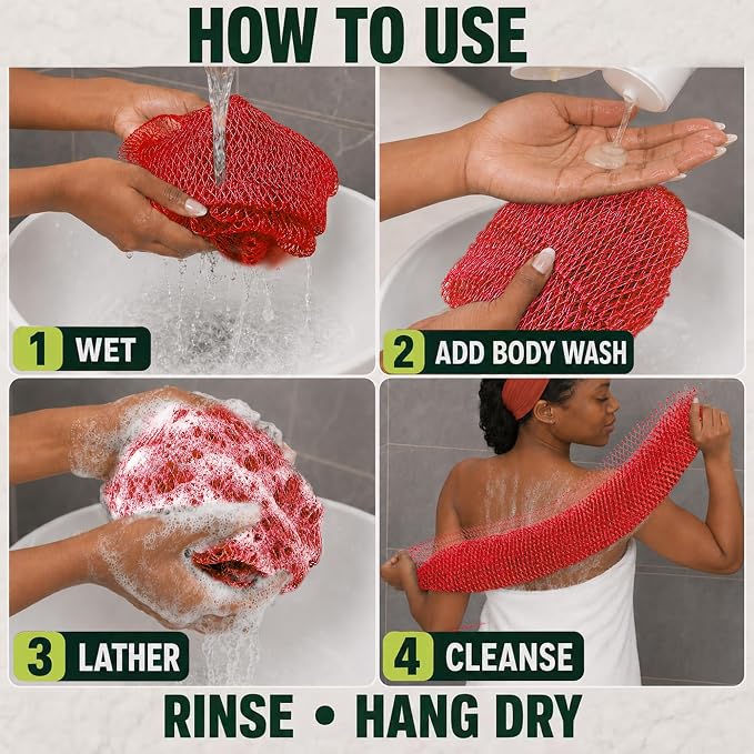 Authentic African Net Sponge, 2 Pack 45-Inch Exfoliating Bath Sponge and Shower Loofah for Body and Back, Colorfast Quick-Dry Knotted Mesh Scrubber with Travel Pouch(Red & Green)