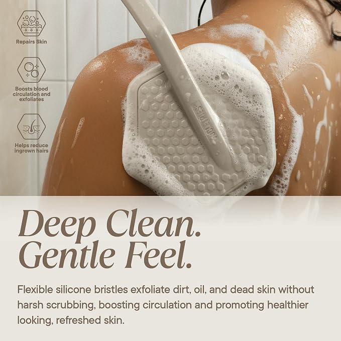 TOOLETRIES Silicone Back Scrubber with Hook, Exfoliating Body & Bath Brush, Long Ergonomic Handle, Non-Slip Grip for Hard-to-Reach Areas, Hygienic Silicone Bath Accessory for Men & Women - Sand