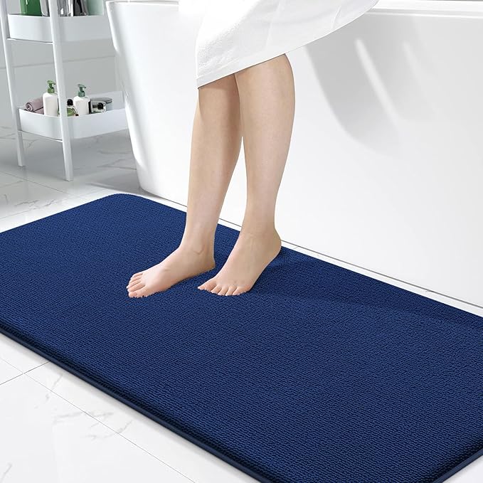 OLANLY Memory Foam Bathroom Runner Rug 50x30, Absorbent Long Bath Mat, Navy | Soft Quick Dry Bath Rugs, Non-Slip Carpet, Machine Washable Mat for Bathroom Floor, Tub and Shower, Home Decor Accessories
