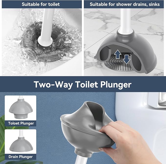 TRENTI Toilet Plunger with Holder, Plunger with Holder for 5.3-inch Toilet Drain, Plungers for Bathroom with Holder, Toilet Plunger Heavy Duty (2, White)