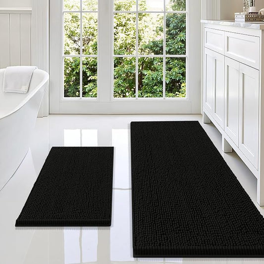 Smiry Chenille Bathroom Rugs Sets 2 Piece (59x20+24x16, Black) | Soft Absorbent Machine Washable Non Slip Shaggy Bath Rug Set for Tub, Shower, and Floor, Home Decor