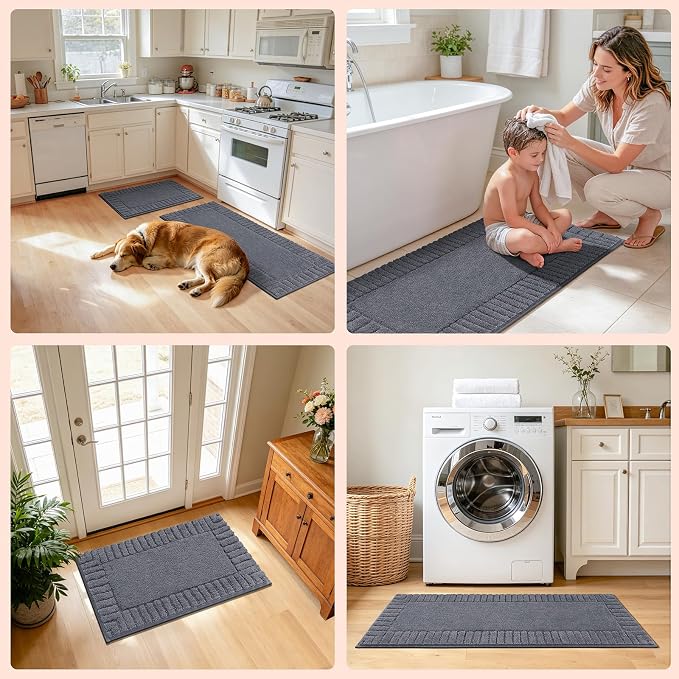Pauwer Bathroom Rugs Sets 2 Piece, Non Slip Plush Bath Mats, Dark Grey | Machine Washable Shower Rugs, Absorbent Quick Dry Floor Mat for Bath Floor Tub and Shower