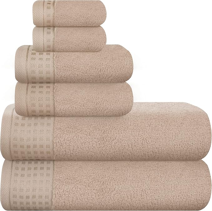 GLAMBURG 100% Cotton Ultra Soft 6 Pack Towel Set, Contains 2 Bath Towels 28x55 Inches, 2 Hand Towels 16x24 Inches & 2 Wash Coths 12x12 Inches, Compact Absorbent Lightweight & Quickdry - Tan