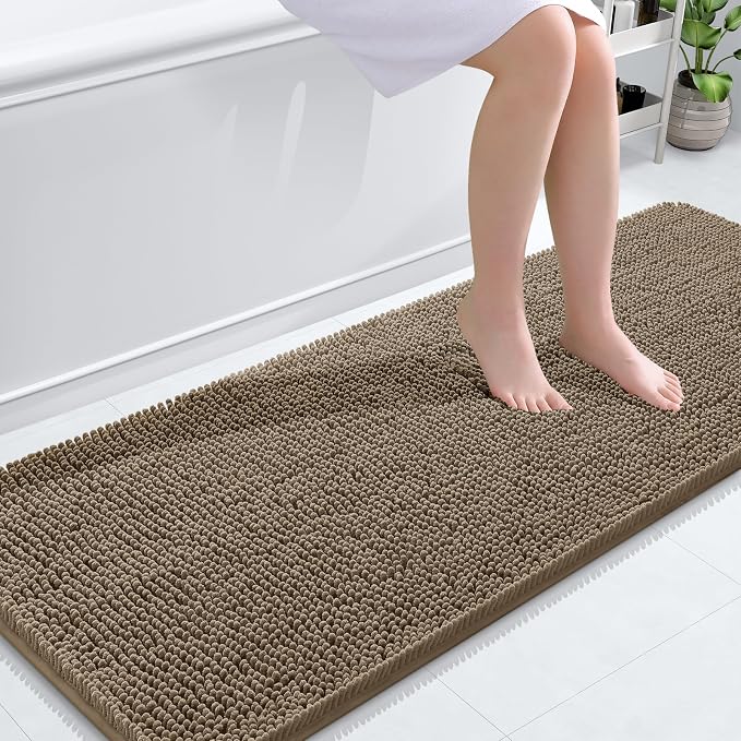 OLANLY Bathroom Runner Rugs 59x24, Extra Soft Absorbent Chenille Bath Rugs | Tan, Quick-Drying Rubber Backing, Machine Washable Long Bath Mat for Bathroom Floor, Tub and Shower, Home Decor Accessories