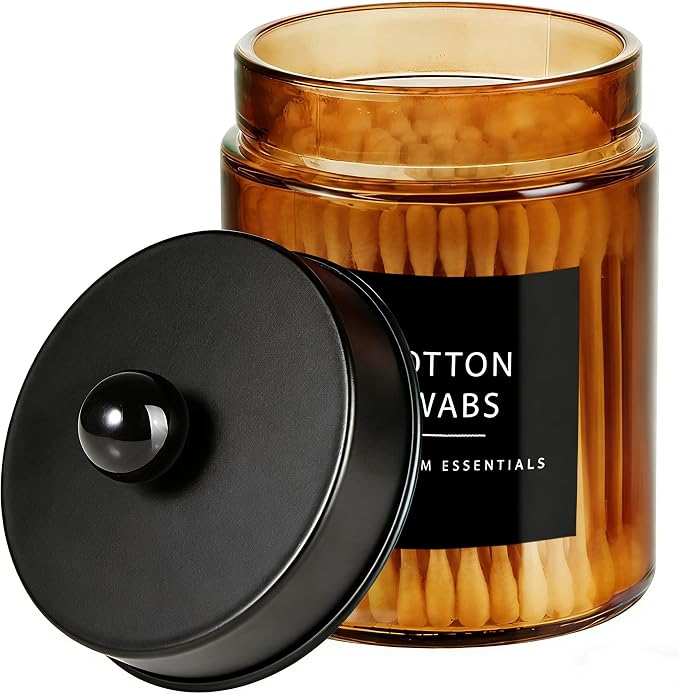 Amolliar Amber Glass Qtip Holder, Apothecary Jars with Black Metal Lid & Stickers-Bathroom Qtip Dispenser Storage Organizer Set, Vanity Countertop Canister for Cotton Swabs, Floss Container(1 Pack)
