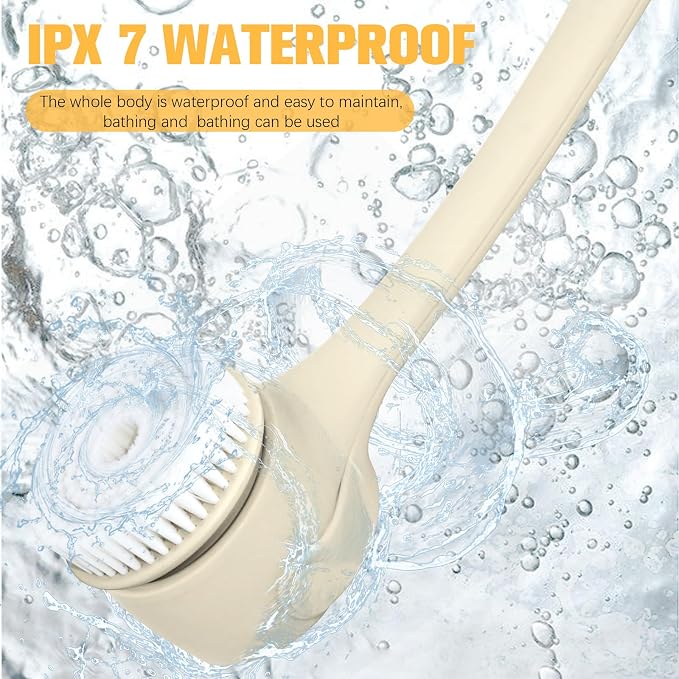 Electric Back Scrubber for Shower - Rechargeable Waterproof Body Exfoliator Brush with 4 Heads, Double Handles for Deep Cleaning & Skin Massag (Milk Coffee)