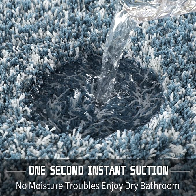 Yimobra Toilet Rugs U Shaped Washable 24X20, Ultra Soft and Water Absorbent Bath Mats, Non Slip Fluffy Shaggy Luxury Microfiber Contour Bath Rugs for Toilet, Dry Quick, Denim Blue and White